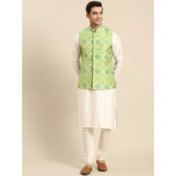 KISAH Men White Kurta with Churidar & Nehru Jacket-picture-14