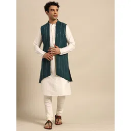 KISAH Men White Solid Kurta with Churidar & Nehru Jacket-picture-19