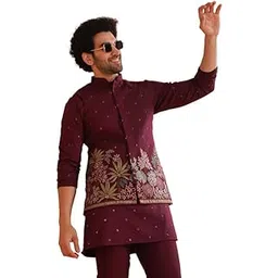 kisah Men Wine Embroidered Nehru Jacket with Floral-picture-10