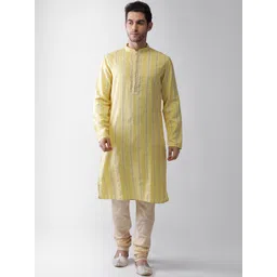 KISAH Men Yellow & Off White Striped Thread Work Kurta-picture-32
