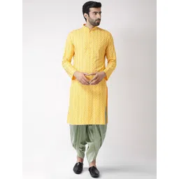 KISAH Men Yellow & Sage Printed Cotton Blend Kurta with Dhoti Pants-picture-26