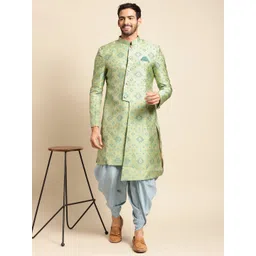 KISAH Men Yellow & Turquoise Blue Woven Design Sherwani & Dhoti Pant Set-picture-16