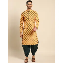 KISAH Men Yellow Ethnic Motifs Printed Kurta with Dhoti Pants-picture-18