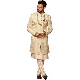 kisah Men's Black Indo-Western Kurta Sherwani Churidar Set Cotton Silk Full Sleaves, Knee Length, Straight, Regular Fit, Mandarin Collar Ethnic Casual-picture-24