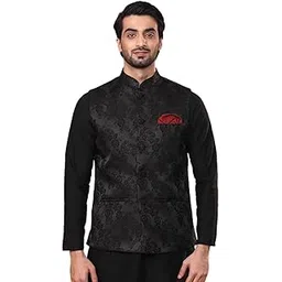 kisah Men's Black Nehru Jacket, Silk Fabric, Rose Print Design, Ethnic Festive Traditional Waistcoat Cotton, Regular Fit-picture-17