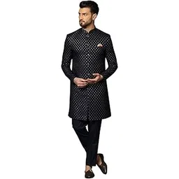 kisah Men's Black Sherwani Trousers Set, Indo-Western, Cotton Full Sleaves, Knee Length, Straight, Regular Fit, Mandarin Collar Ethnic wear-picture-39