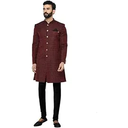 kisah Men's Cotton Blend Full Sleeves Regular Fit Woven Design Maroon-Black Indo-Western Sherwani Churidar Set (36)-picture-53