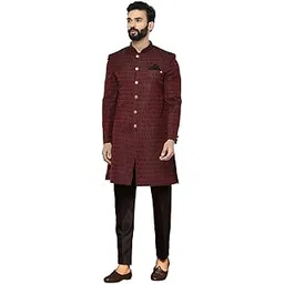 kisah Men's Cotton Blend Full Sleeves Regular Fit Woven Design Maroon Indo-Western Sherwani Trouser Set-picture-38