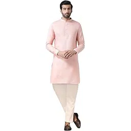 kisah Men's Cotton Blend Long Sleeves Regular Fit Solid Baby Pink Kurta Trousers Set-picture-31