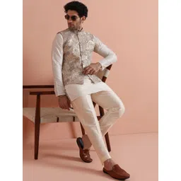 KISAH Men's Cream Jacquard Silk Blend Kurta Jacket Set Ethnic & Wedding Wear-picture-12