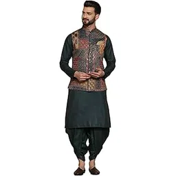 kisah Men's Ethnic Wear Regular Fit Cotton Blend Printed Multi-Dark Grey Kurta Dhoti Pants and Jacket Set-picture-13