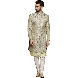 kisah Men's Ethnic Wear Silk Blend Woven Design Regular Fit Olive-Green Kurta Indo-Western Sherwani Set Indo-Western-picture-27