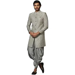 kisah Men's Grey Indo-Western Sherwani Dhoti Set, Cotton Full Sleaves, Knee Length, Straight, Regular Fit, Mandarin Collar Ethnic wear (36)-picture-10