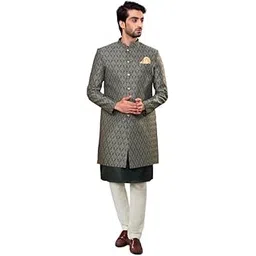 kisah Men's Indo-Western Kurta Sherwani Trouser Set, Green Cotton Blend, Jacquard Regular Fit Mandarin Collar Long Sleeves-picture-35