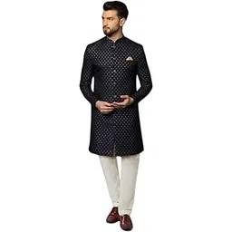 kisah Men's Indo-Western Sherwani Churidar Set, Black Cotton, Jacquard Regular Fit Mandarin Collar Long Sleeves-picture-36