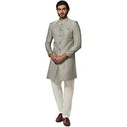 kisah Men's Indo-Western Sherwani Churidar Set, Grey Cotton, Jacquard Regular Fit Mandarin Collar Long Sleeves (36)-picture-43
