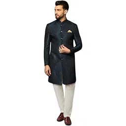 kisah Men's Indo-Western Sherwani Churidar Set, Navy Blue Cotton, Jacquard Regular Fit Mandarin Collar Long Sleeves-picture-30