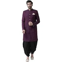 kisah Men's Indo-Western Sherwani Dhoti Set, Purple Jacquard Woven Mandarin Collar Full Sleeves Regular Fit-picture-20