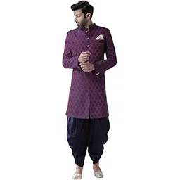 kisah Men's Indo-Western Sherwani Dhoti Set, Purple Jacquard Woven Regular Fit Mandarin Collar Full Sleeves-picture-16