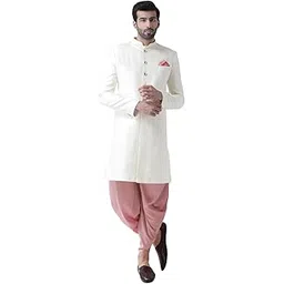 kisah Men's Indo-Western Sherwani Dhoti Set, White Jacquard Woven Design Regular Fit Mandarin Collar Full Sleeves-picture-18