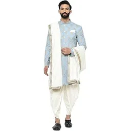 kisah Men's Indo-Western Sherwani Dhoti With Dupatta Set, Blue Cotton Blend Printed Regular Fit Mandarin Collar Full Sleeves-picture-17