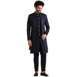 kisah Mens Indo-Western Sherwani Trouser Set|Silk Blend Fabric Sherwani Set with Trousers Self Design Pattern Mens Ethnic Wear|Regular Fit Mandarin Collar Long Sleeves-picture-10