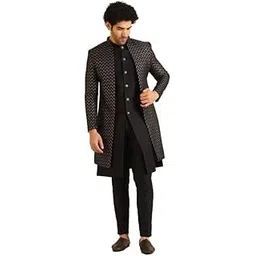 kisah Men's Indo-Western Waistcoat Sherwani Trouser Set, Black Jacquard, Woven Design Regular Fit Mandarin Collar Long Sleeves-picture-32