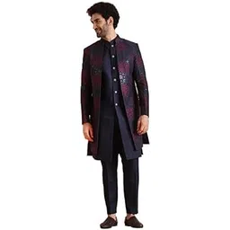 kisah Mens Jacket Sherwani Trouser Set|Silk Blend Fabric Jacquard Pattern Indo-Western Sherwani with Waistcoat and Trouser Set|Regular Fit Mandarin Collar Long Sleeves-picture-36