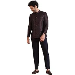 kisah Men's Jodhpuri Bandhgala-Blazer Trouser Set, Magenta Silk Blend, Woven Design Regular Fit Mandarin Collar Long Sleeves-picture-22