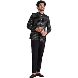 kisah Men's Jodhpuri Bandhgala-Blazer Trouser Set, Navy Blue Silk Blend, Woven Design Regular Fit Mandarin Collar Long Sleeves-picture-48