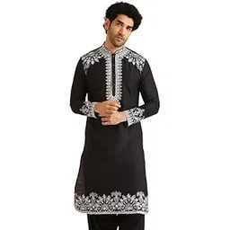 kisah Men's Kurta, Black Cotton Blend, Embroidered Mandarin Collar Regular Fit Long Sleeves-picture-31