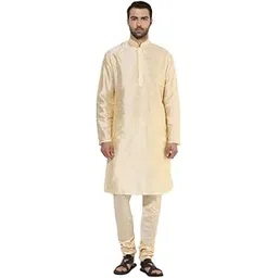 kisah Men's Kurta Churidar Set, Beige Cotton Blend, Self Design Regular Fit Mandarin Collar Long Sleeves-picture-54