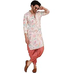 kisah Men's Kurta Dhoti Set, Multi Cotton Blend, Printed Regular Fit Mandarin Collar Long Sleeves-picture-33