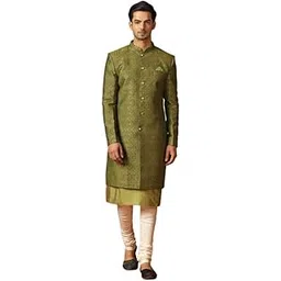 kisah Men's Kurta Indo-Western Sherwani Churidar Set, Green Jacquard, Woven Regular Fit Mandarin Collar Long Sleeves-picture-17