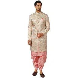kisah Men's Kurta Indo-Western Sherwani Churidar Set, Pesta Green Silk Blend, Jacquard Regular Fit Mandarin Collar Long Sleeves-picture-38