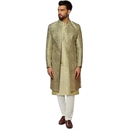 kisah Men's Kurta Indo-Western Sherwani Trouser Set, Green Cotton, Jacquard Regular Fit Mandarin Collar Long Sleeves-picture-35