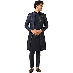 kisah Men's Kurta Indo-Western Sherwani Trouser Set, Multi Jacquard, Woven Design Regular Fit Mandarin Collar Full Sleeves-picture-33