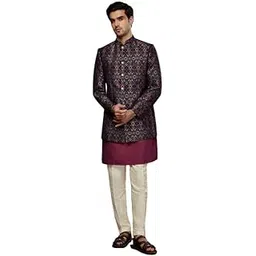 kisah Men's Kurta Indo-Western Sherwani Trouser Set, Pink Silk Blend, Jacquard Regular Fit Mandarin Collar Long Sleeves-picture-28