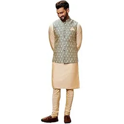 kisah Men's Kurta Jacket Churidar Set, Blue Jacquard, Woven Design Regular Fit Long Sleeves Mandarin Collar-picture-27