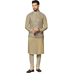 kisah Men's Kurta Jacket Churidar Set Mustard Kurta With Multicolor Jacket Cotton Blend, Mandarin Collar Ethnic Wear-picture-39