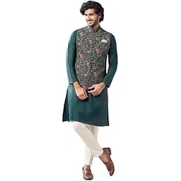 kisah Men's Kurta Jacket Trouser Set, Black Cotton Blend, Woven Design Long Sleeves Regular Fit Mandarin Collar-picture-15