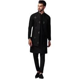 kisah Men's Kurta Jacket Trouser Set, Black Cotton Blend, Woven Design Regular Fit Mandarin Collar Long Sleeves-picture-35