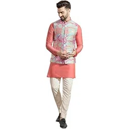 kisah Men's Kurta Jacket Trouser Set, Black Pure Cotton, Printed Regular Fit Long Sleeves Mandarin Collar-picture-24