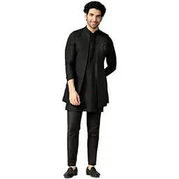 kisah Men's Kurta Jacket Trouser Set, Black Silk Blend, Jacquard Regular Fit Mandarin Collar Long Sleeves-picture-32