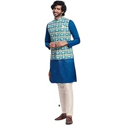 kisah Men's Kurta Jacket Trouser Set, Blue Pure Cotton, Geometric Regular Fit Mandarin Collar Long Sleeves-picture-25
