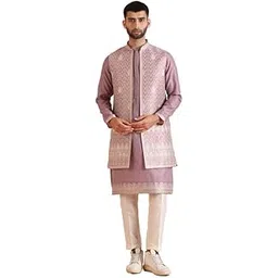 kisah Men's Kurta Jacket Trouser Set, Mauve Jacquard, Woven Design Regular Fit Mandarin Collar Long Sleeves-picture-30