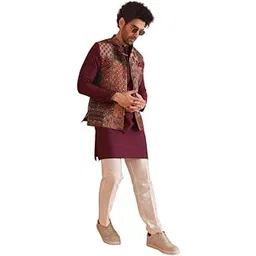 kisah Men's Kurta Jacket Trouser Set, Multi Silk Blend, Printed Regular Fit Mandarin Collar Long Sleeves-picture-27