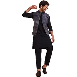 kisah Men's Kurta Jacket Trouser Set, Navy Blue Cotton Blend, Paisley Regular Fit Long Sleeves Mandarin Collar-picture-17