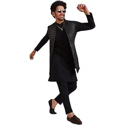 kisah Men's Kurta Jacket Trouser Set, Navy blue Cotton Blend, Woven Design Mandarin Collar Regular Fit Long Sleeves-picture-16