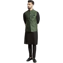 kisah Men's Kurta Jacket Trouser Set, Olive Jacquard, Woven Design Long Sleeves Regular Fit Mandarin Collar-picture-29